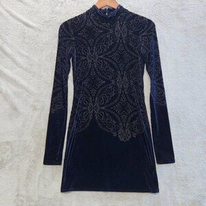 Free People Navy Blue Long Sleeve Floral Burnout Velvet Mini Dress Size Small